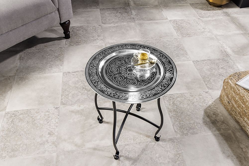 Runder Beistelltisch MARRAKESCH 50cm silber Teetisch abnehmbares Tablett klappbar