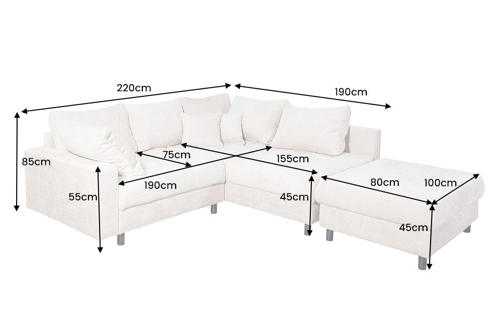 Modernes Ecksofa KENT 220cm champagner beige Chenille Cremona Federkern Wohnlandschaft mit Hocker