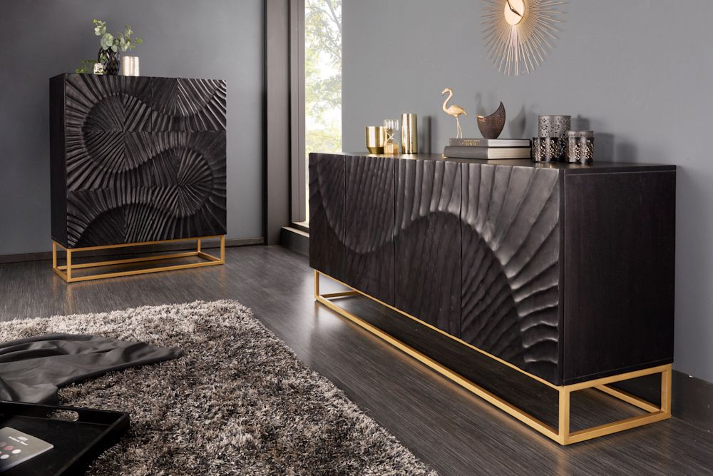 Massives Highboard SCORPION 120cm schwarz Mangoholz aufwendige 3D Schnitzereien