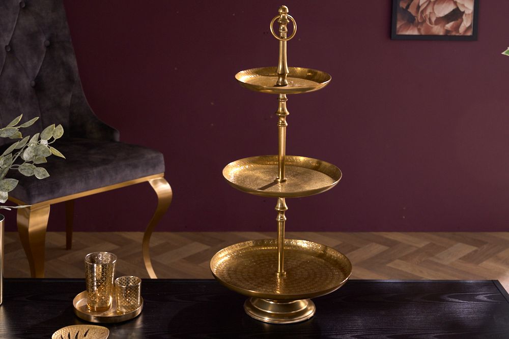 Design Etagere ORIENT 65cm gold im Wild Hammerschlag mit drei Etagen