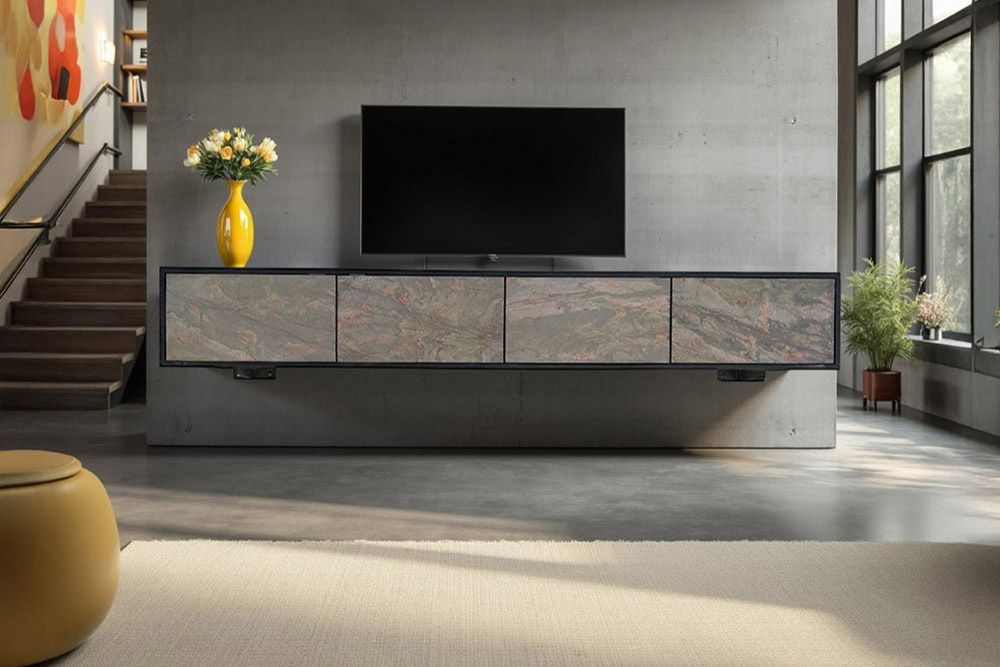 Massivholz TV-Lowboard MOUNTAIN SOUL 200cm Akazie grün bronze hängend Naturstein schwarz