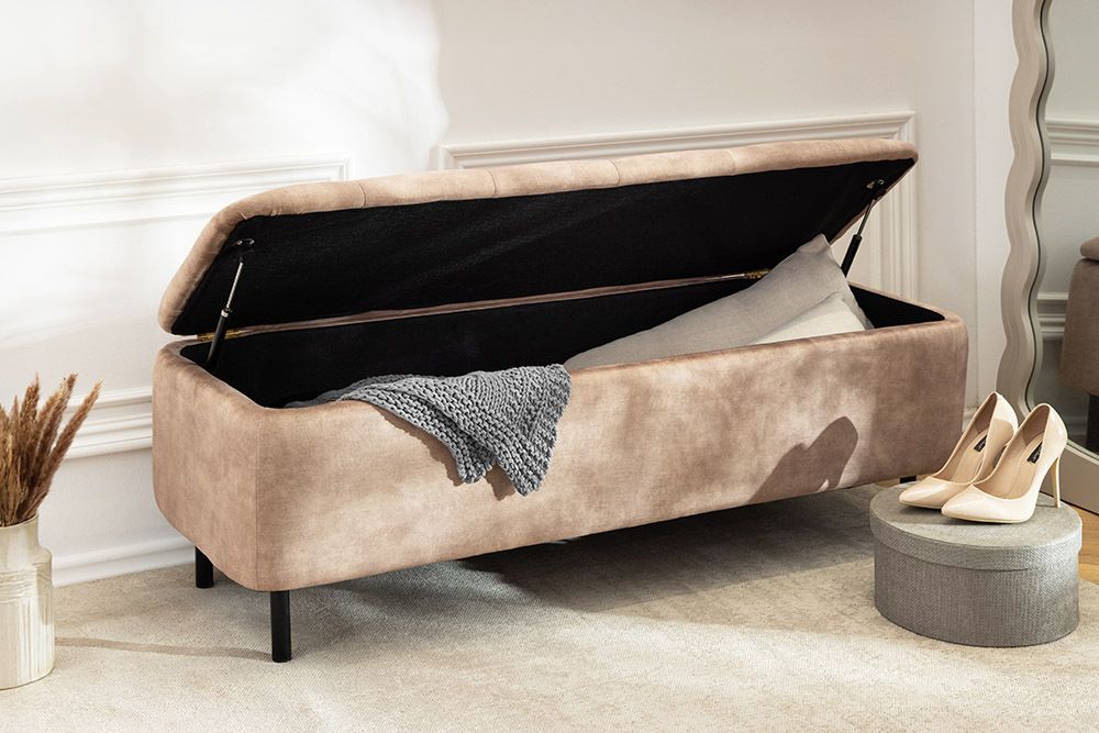 Extravagante Polsterbank EN VOGUE 120cm beige Samt mit Stauraum schwarze Metallbeine