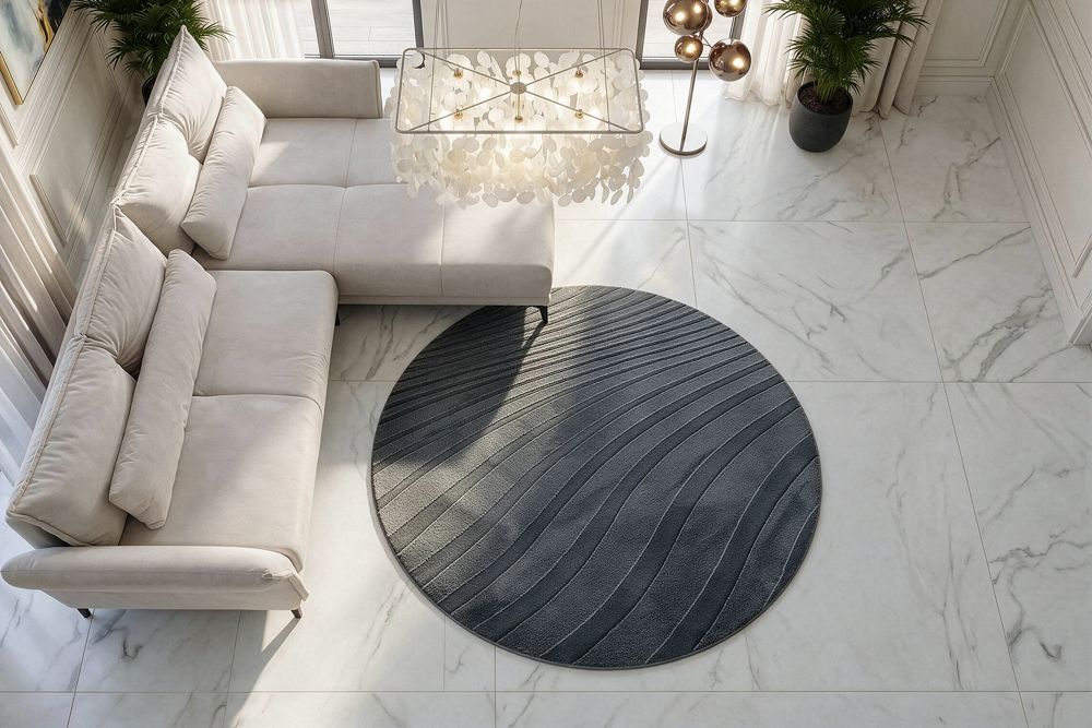 Runder Teppich WAVE 150cm anthrazit 3D strukturierter Kurzflor Indoor Hoch-Tief-Effekt