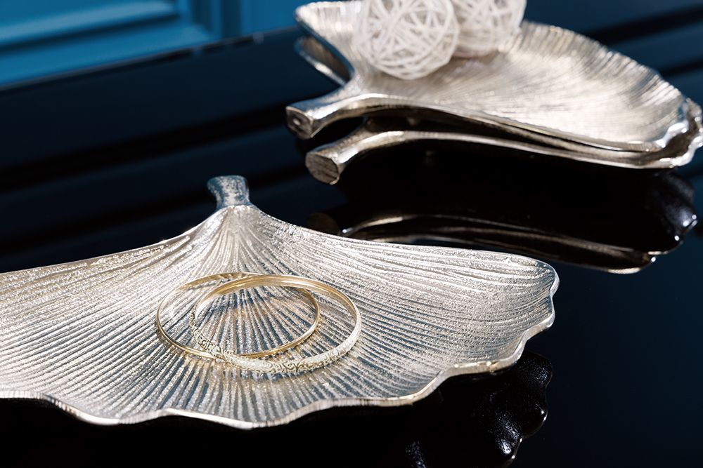 Dekoratives Schalen 3er Set GINKGO 30cm silber handmade Metall