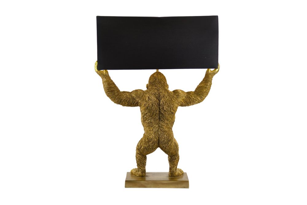 Handgefertigte Tischlampe KING APE 70cm schwarz gold Stoffschirm Affen-Skulptur
