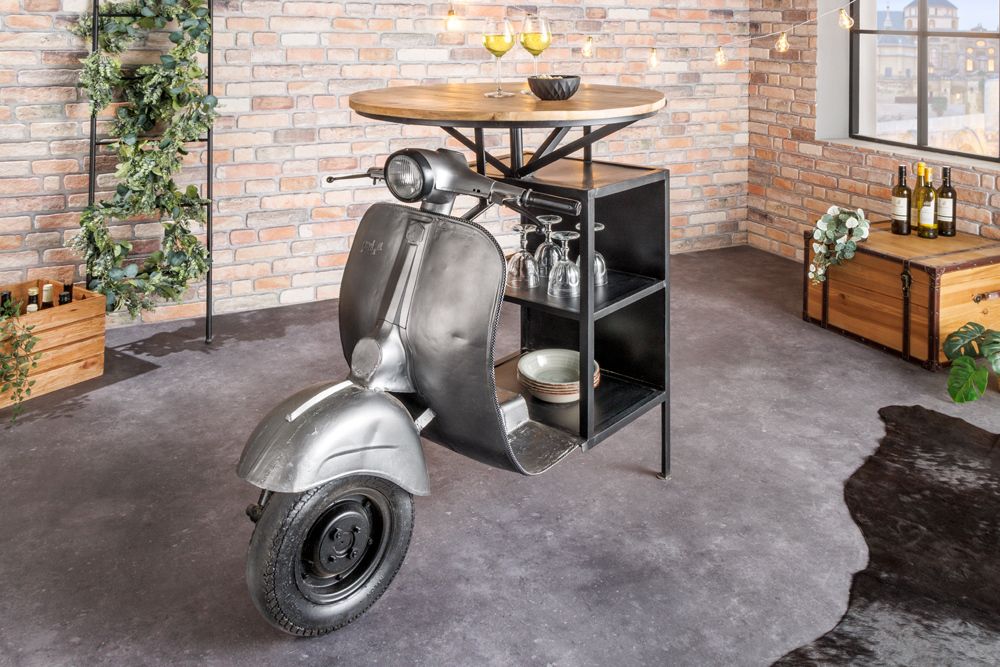 Vintage Bartisch UPCYCLING SCOOTER 120cm silber Mangoholz rund handmade