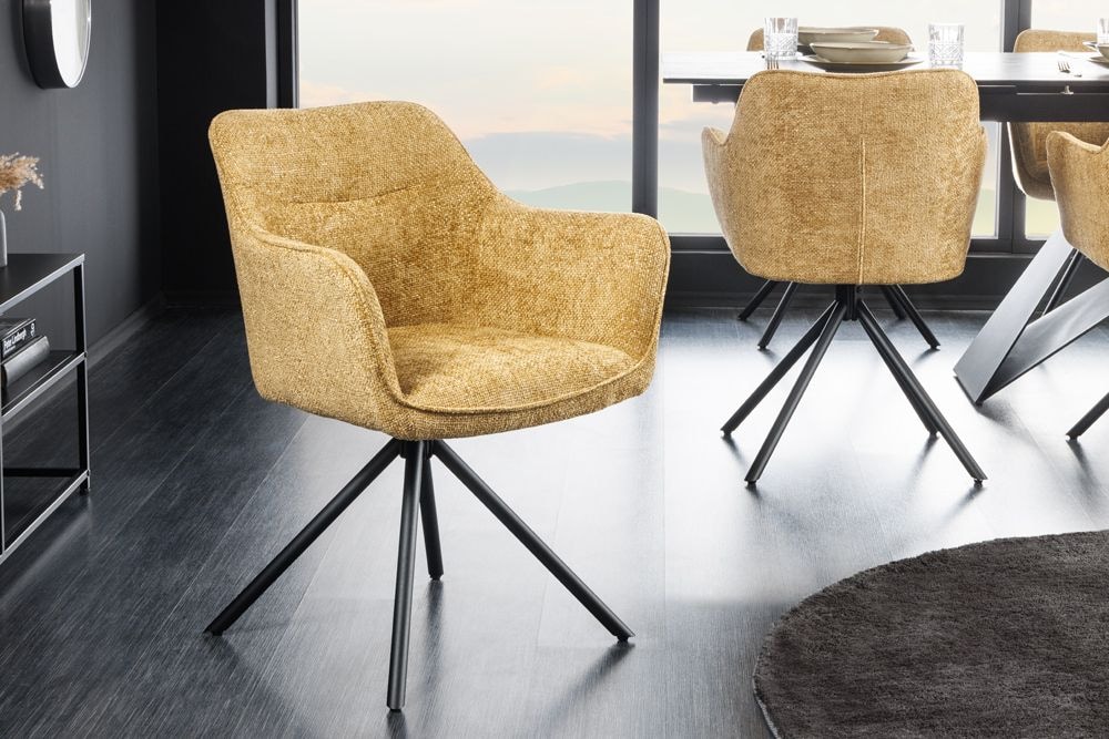 Drehbarer Stuhl VERONA senfgelb Strukturstoff mit Armlehne Metallbeine schwarz