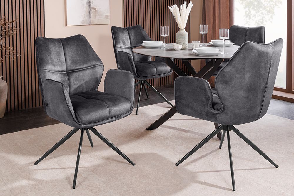 Drehbarer Design Stuhl CONCORD dunkelgrau Samt Taschenfederkern Metallgestell schwarz