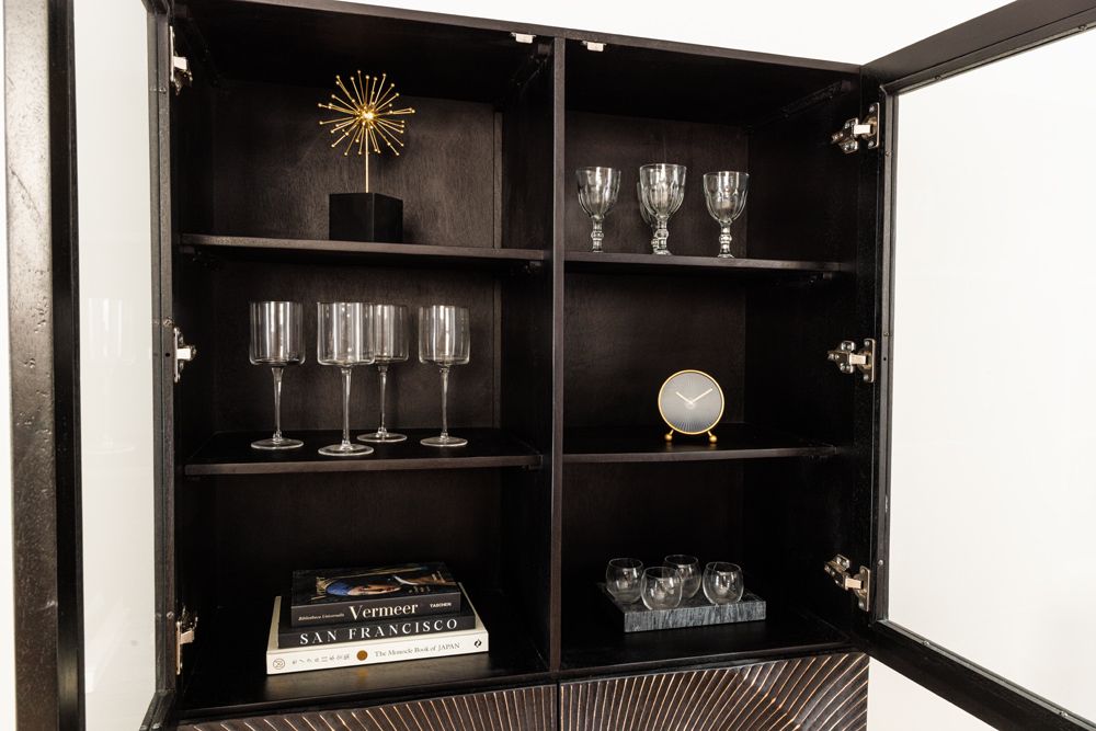 Massives Highboard GOLDEN SUNSET 180cm schwarz gold Mangoholz mit Glastüren Vitrine
