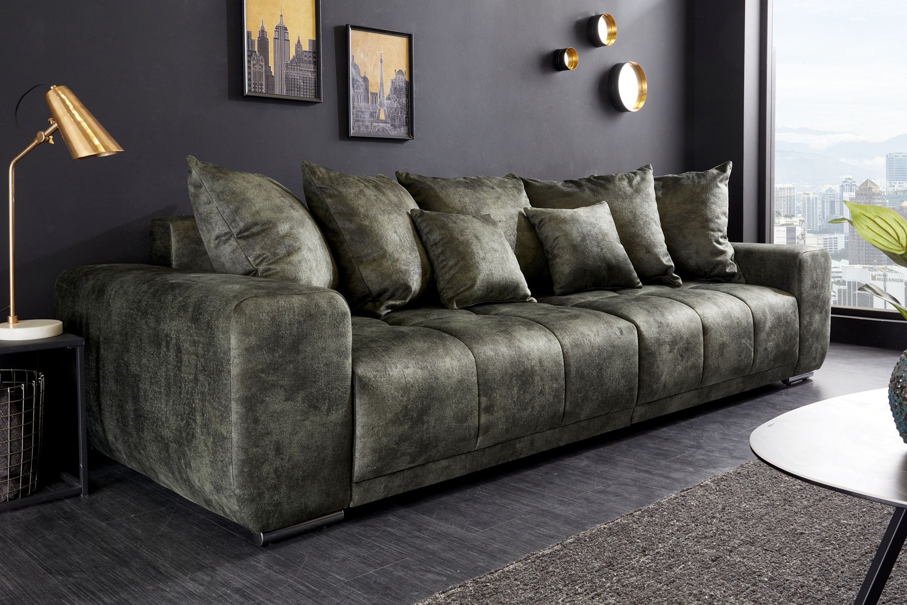 Big Sofa ELEGANCIA 285cm moosgrün Microfaser XXL Couch inkl. Kissen Federkern