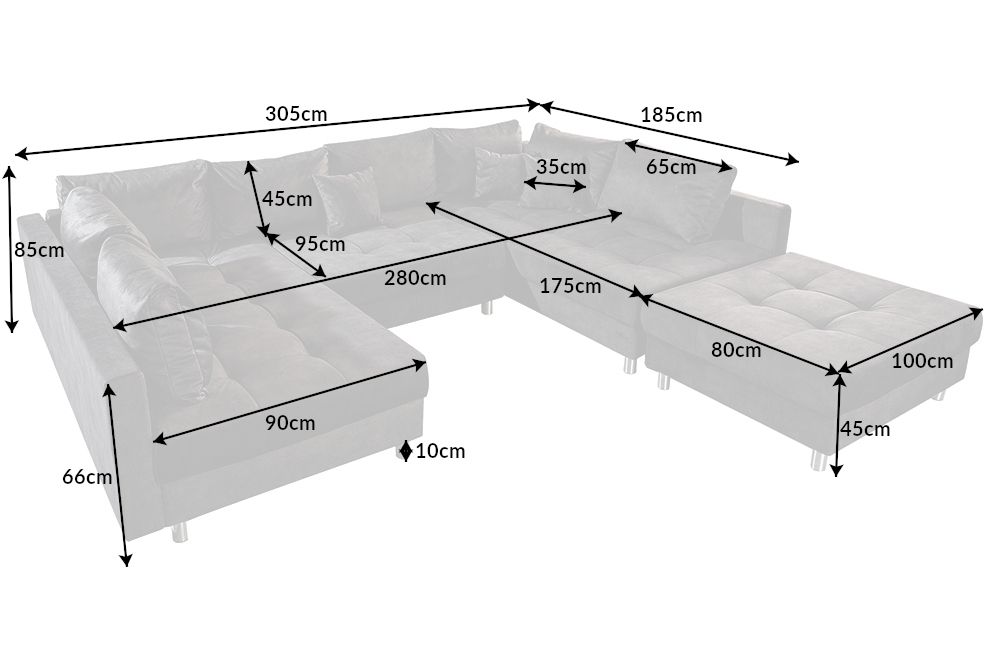 Moderne XXL Wohnlandschaft KENT 305cm grau Samt Bigsofa inkl. Hocker Federkern