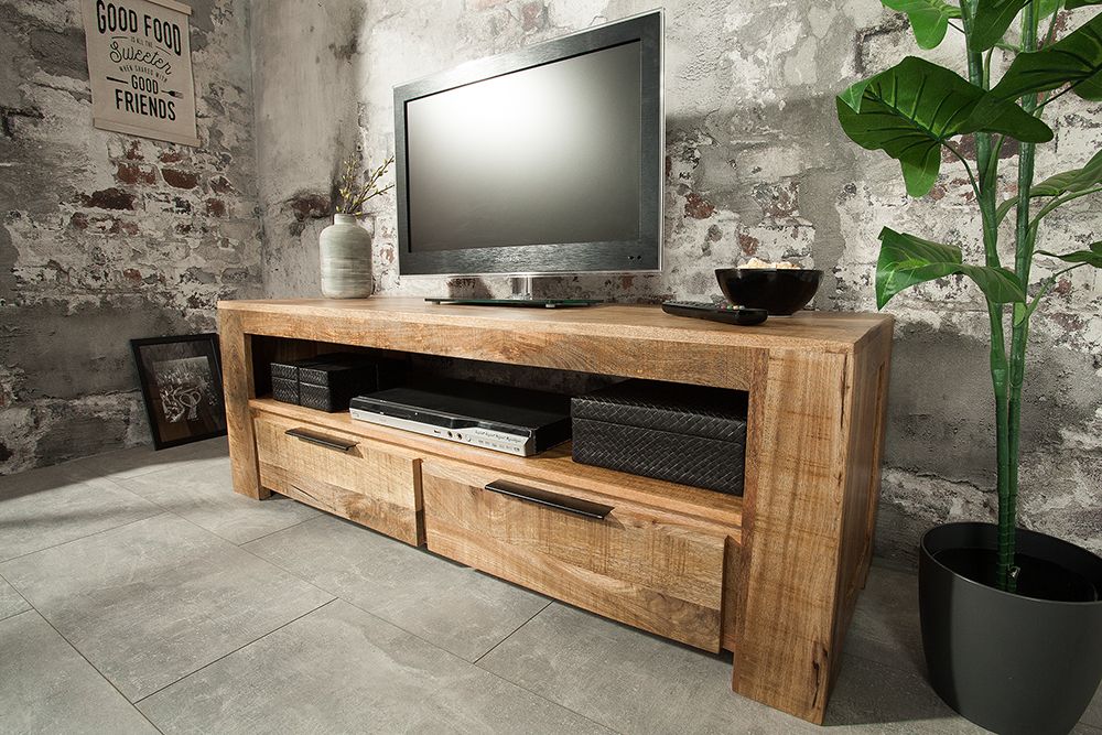 Massives TV-Board IRON CRAFT 130cm Mangoholz Lowboard 2 Schubladen
