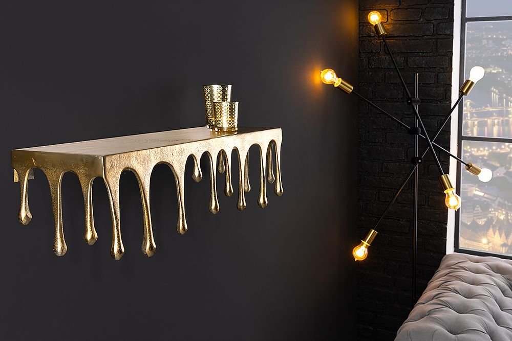 Handgefertigtes Wandregal LIQUID LINE 60cm gold antik Metall Tropfen-Design