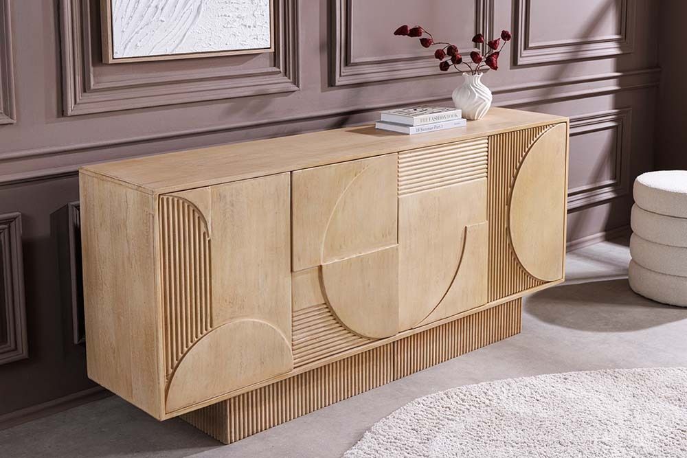 Massives Sideboard ART DECO 170cm weiß gekälkt Mangoholz 3D-Front handmade