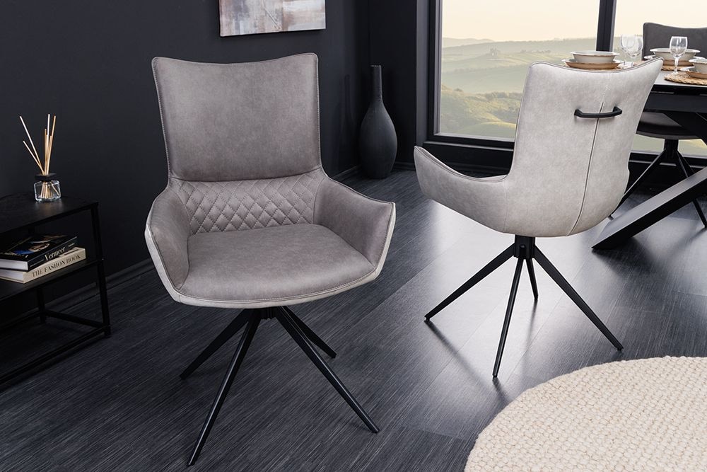 Drehbarer Design Stuhl ALPINE grau hellgrau Armlehnen schwarze Metallbeine