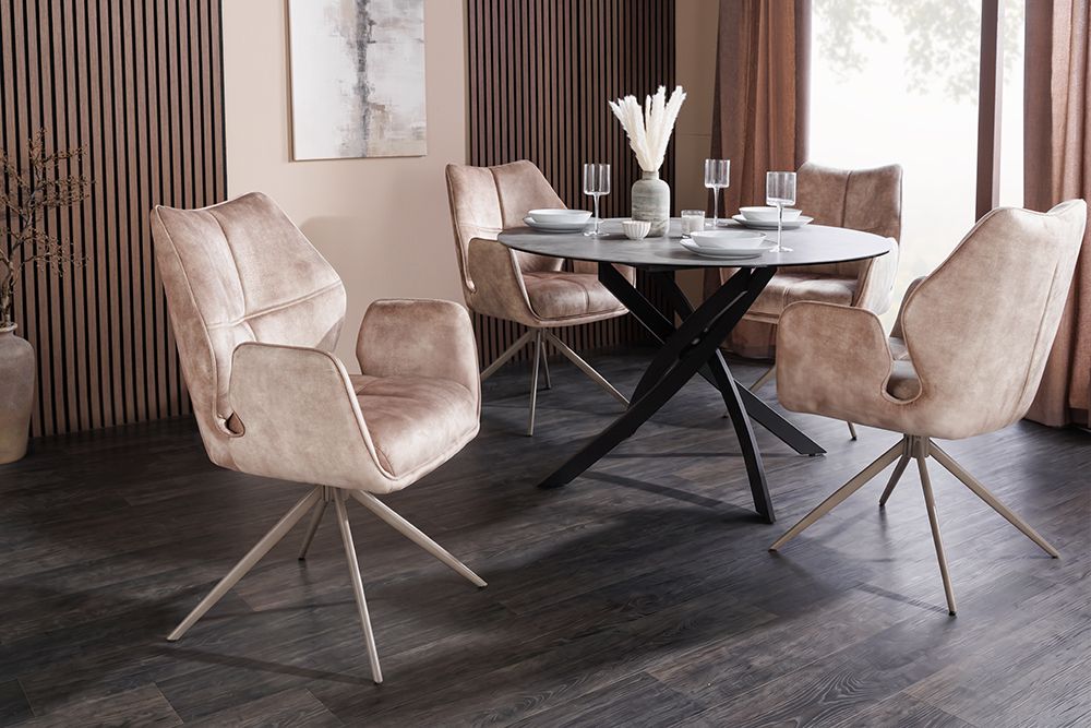 Drehbarer Design Stuhl CONCORD champagner greige Samt Taschenfederkern Metallgestell greige