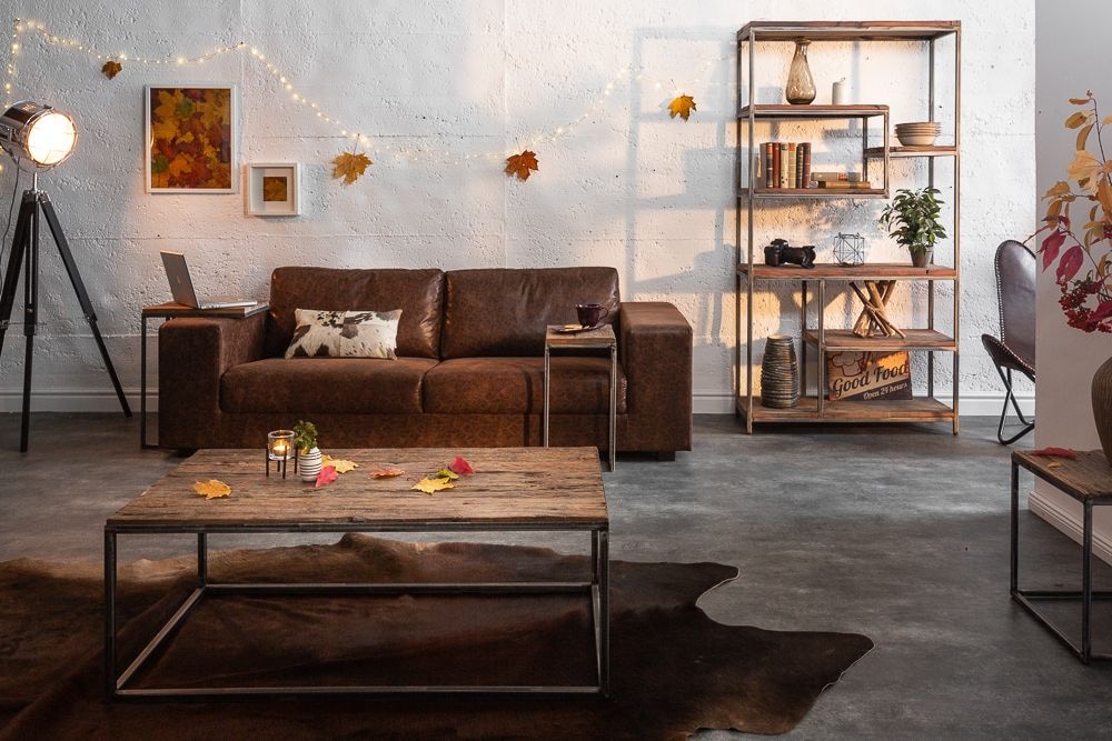 Industrial Beistelltisch BARRACUDA 40cm recyceltes Massivholz mit geflexten Beinen