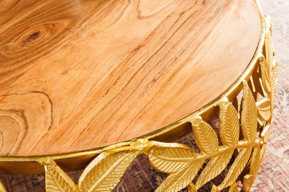 Rundes 2er Set Couchtische ABSTRACT LEAF 70cm natur gold Massivholz Akazie Metall Blatt-Design
