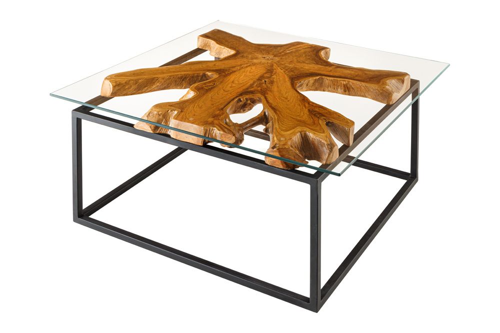 Industrial Couchtisch TEAK ROOT 70cm braun Teakholz Metall Glastisch handmade