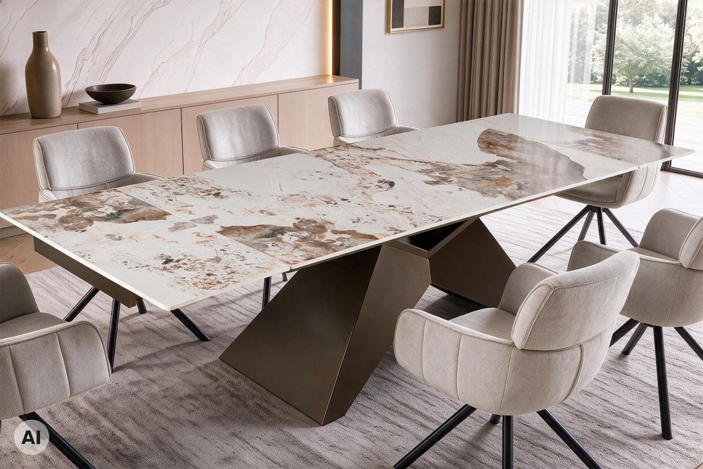 Design Esstisch DIAMOND 180-260cm weiß braun Pandora Keramik Metallgestell bronze