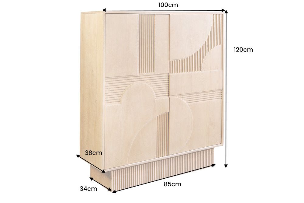 Design Highboard ART DECO 120cm weiß gekälkt Mangoholz massiv 3D Front