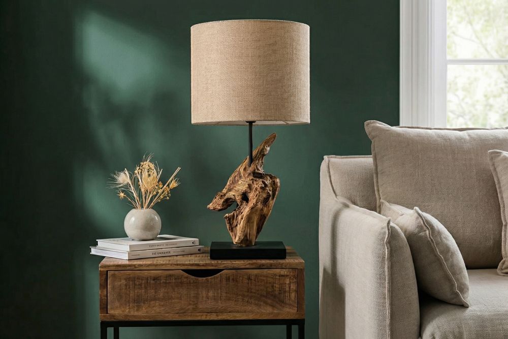 Treibholz Tischlampe HYPNOTIC 60cm natur Leinen-Schirm