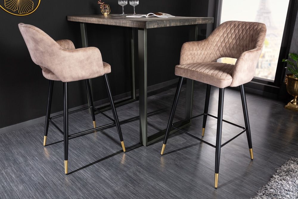 Design Barhocker PARIS greige Samt mit Lehne Metall schwarz gold Ziersteppung