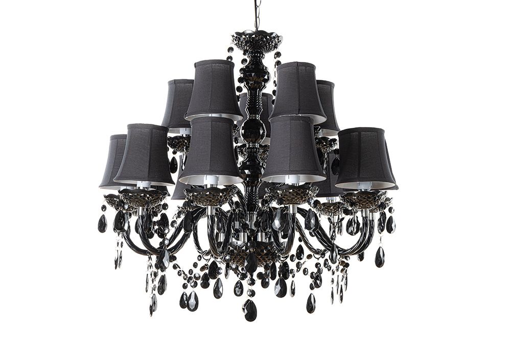 Design Kronleuchter BLACK CRYSTAL XL 80cm schwarz Acryl 15-armig Lüster mit Schirmen