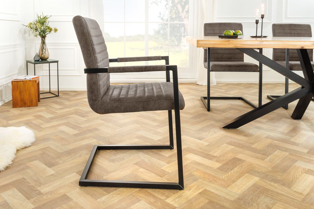 Moderner Freischwinger Stuhl LOFT taupe grau Microfaser mit Armlehne Eisengestell schwarz