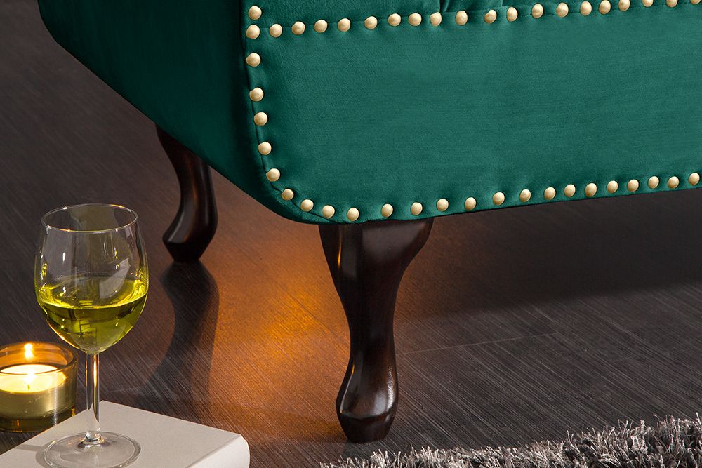 Design Récamière CHESTERFIELD 170cm smaragdgrün Samt Knopfheftung Nietenbesatz