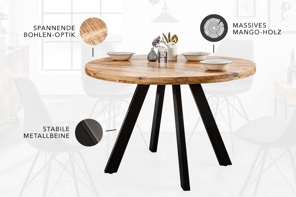 Massiver Esstisch IRON CRAFT 120cm rund natur Mangoholz