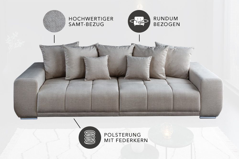Big Sofa ELEGANCIA 285cm champagner beige Vogue Velours Samt inkl. Kissen Federkern