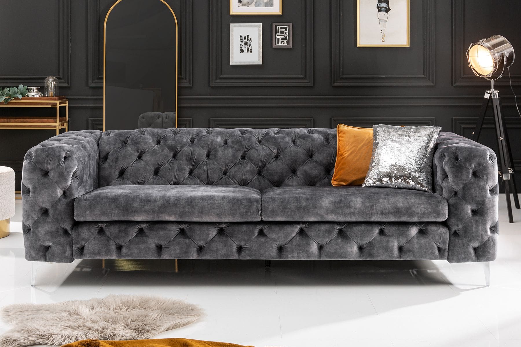 Chesterfield 3-Sitzer Sofa MODERN BAROCK 235cm dunkelgrau Samt Federkern Metallfüße