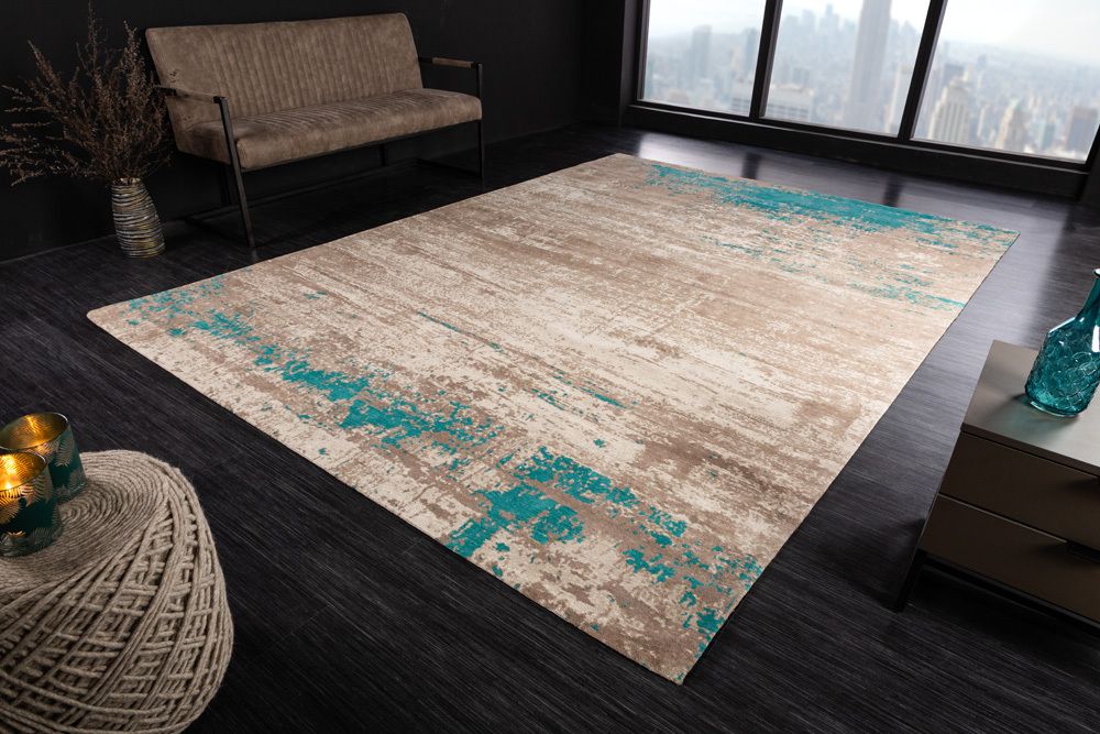 Vintage Baumwoll-Teppich MODERN ART XXL 350x240cm greige türkis verwaschen Used Look