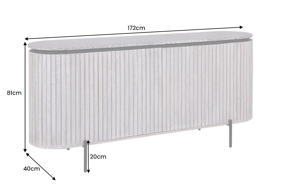Massives Sideboard ADLON 170cm grau gebürstet Mangoholz mit weißer Marmorplatte