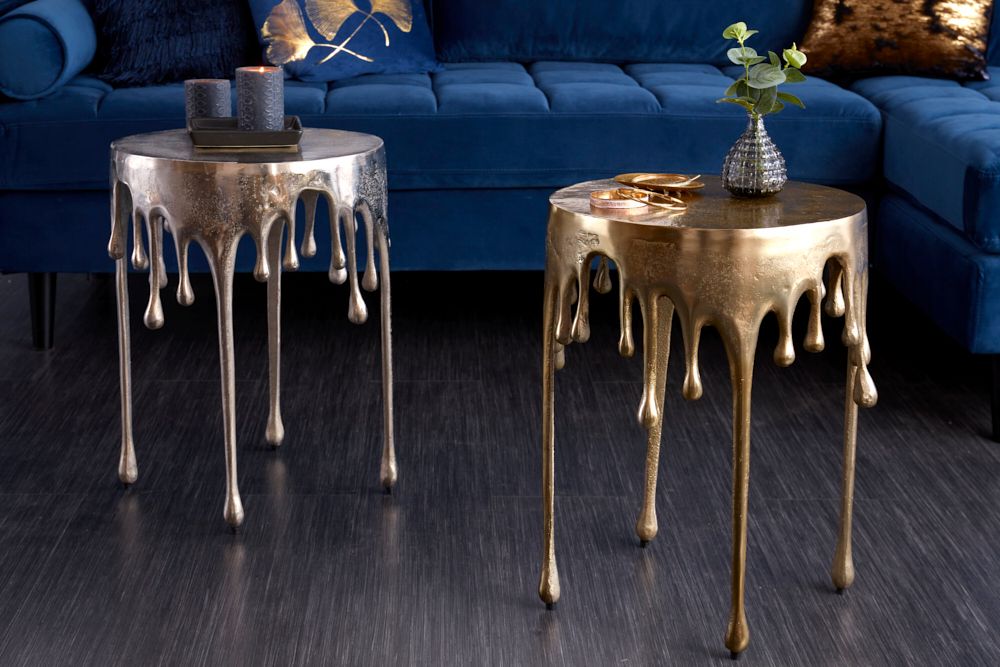Extravaganter Beistelltisch LIQUID LINE 50cm gold Tropfen-Design Metall Aluminium rund