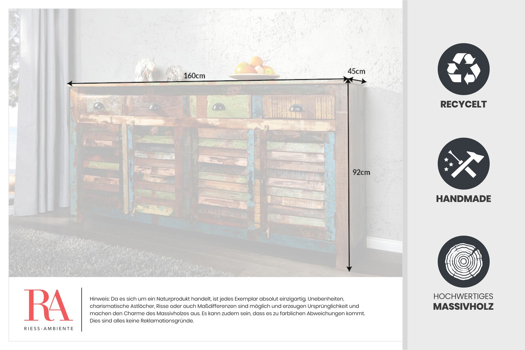 Einzigartiges Sideboard JAKARTA 160cm bunt recyceltes Massivholz aus Fischerbooten