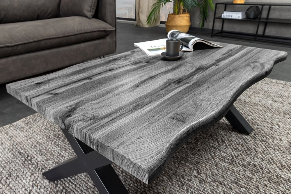 Industrial Couchtisch WILD 90cm grau Wildeichen-Design schwarz Metall Baumkante