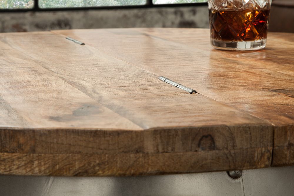 Runder Couchtisch DRUMP STORAGE 70cm natur silber Mangoholz mit Stauraum handmade Industrial