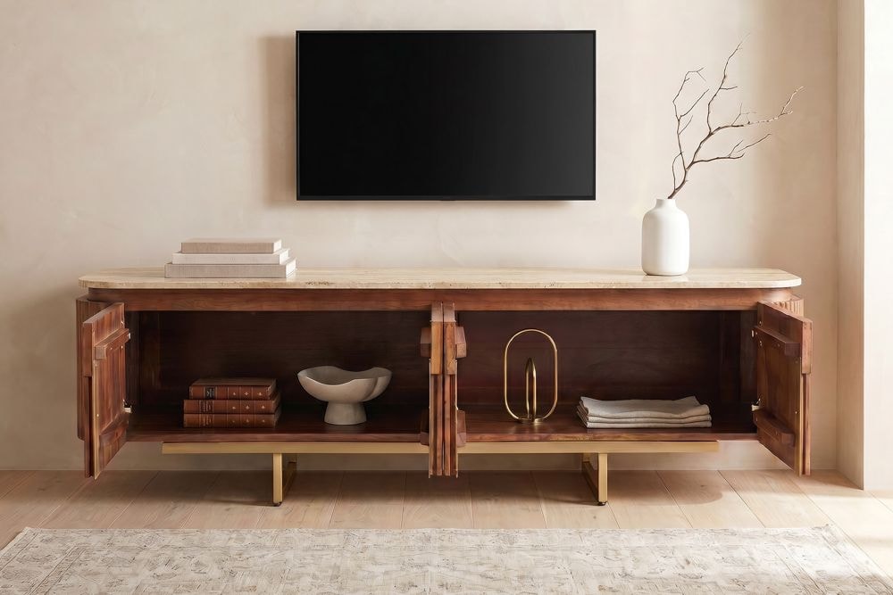 Design TV-Board GATSBY 160cm braun gold Mangoholz mit Travertin Metallgestell