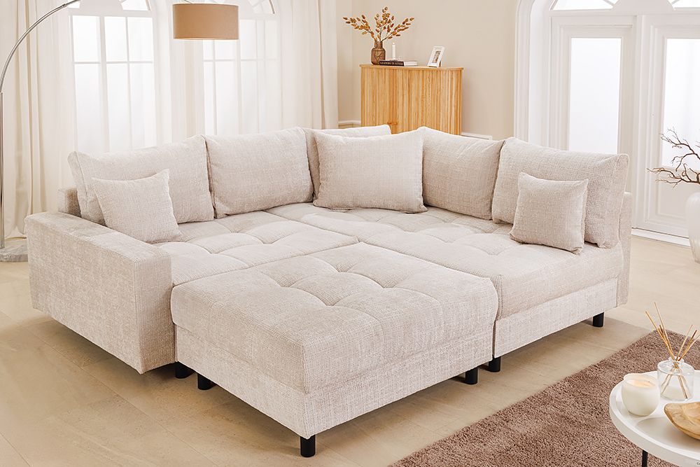 Modernes Ecksofa KENT 220cm champagner beige Chenille Cremona Federkern Wohnlandschaft mit Hocker