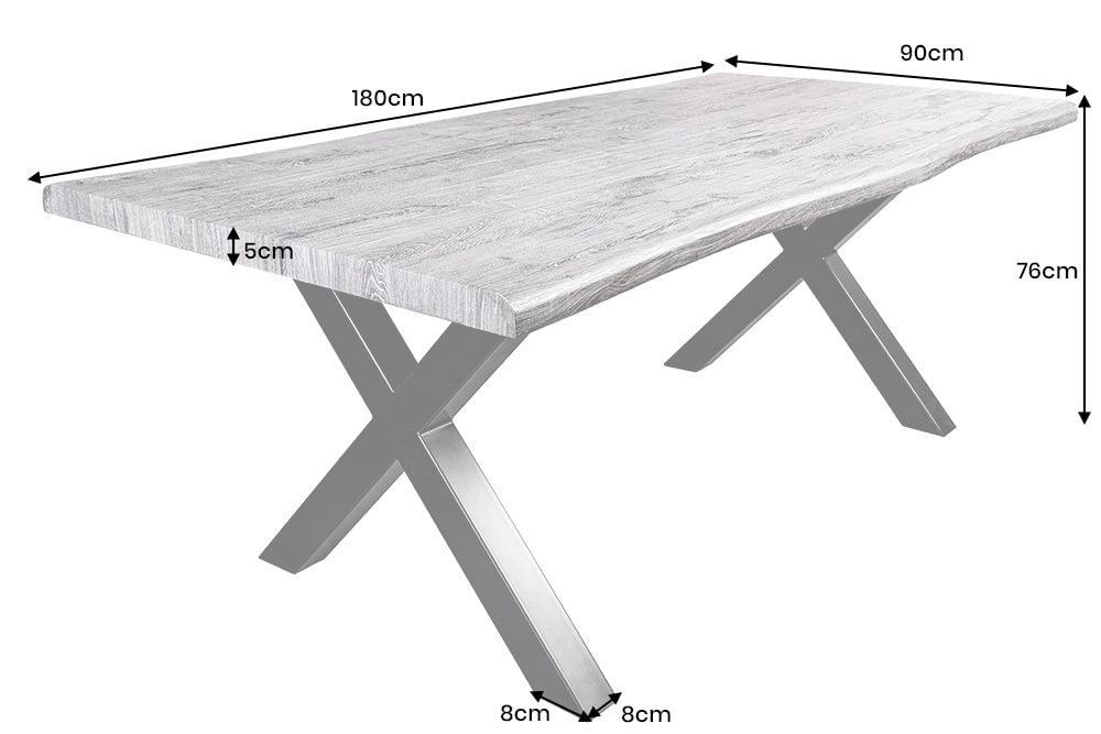 Industrial Esstisch WILD 180cm grau gekälkt Wildeiche-Design Baumkante schwarz  X-Gestell