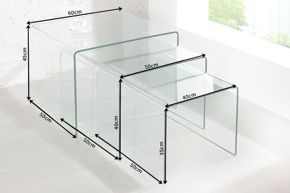 Design 3er Set Glas Couchtisch FANTOME 60cm Beistelltische transparent