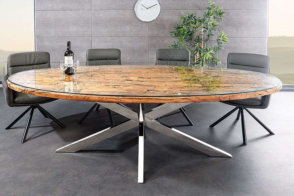 Massiver Esstisch BARRACUDA 220cm braun Teakholz silber Sterngestell Glasplatte