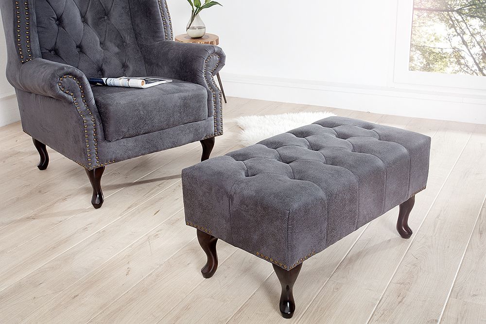Edler Chesterfield Fußhocker antik grau Microfaser mit Knopfheftung und Nietenbesatz