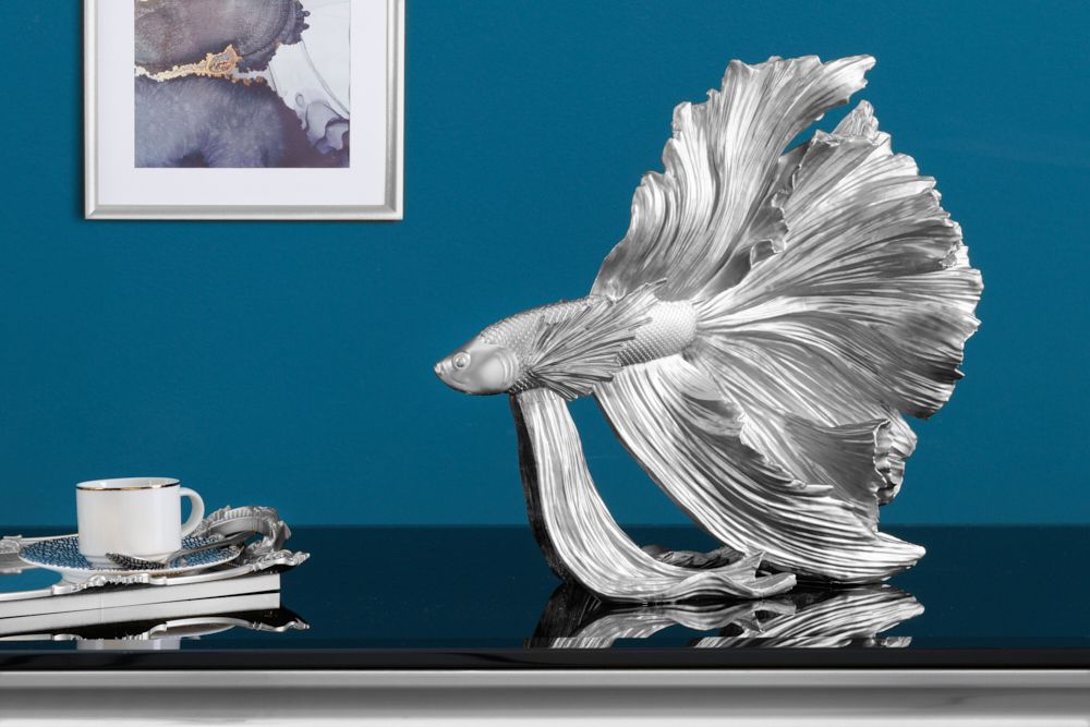 Design Deko Figur Kampffisch CROWNTAIL 35cm silber Betta Fisch Skulptur