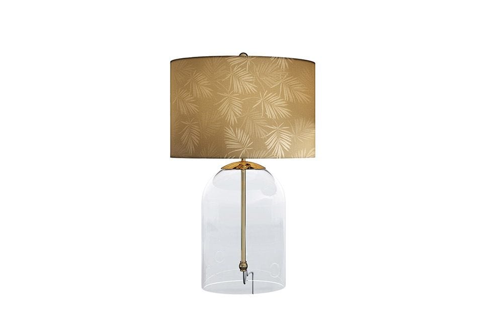 Moderne Tischlampe CLASSICO 50cm transparent Glas weiß gold Leinenschirm