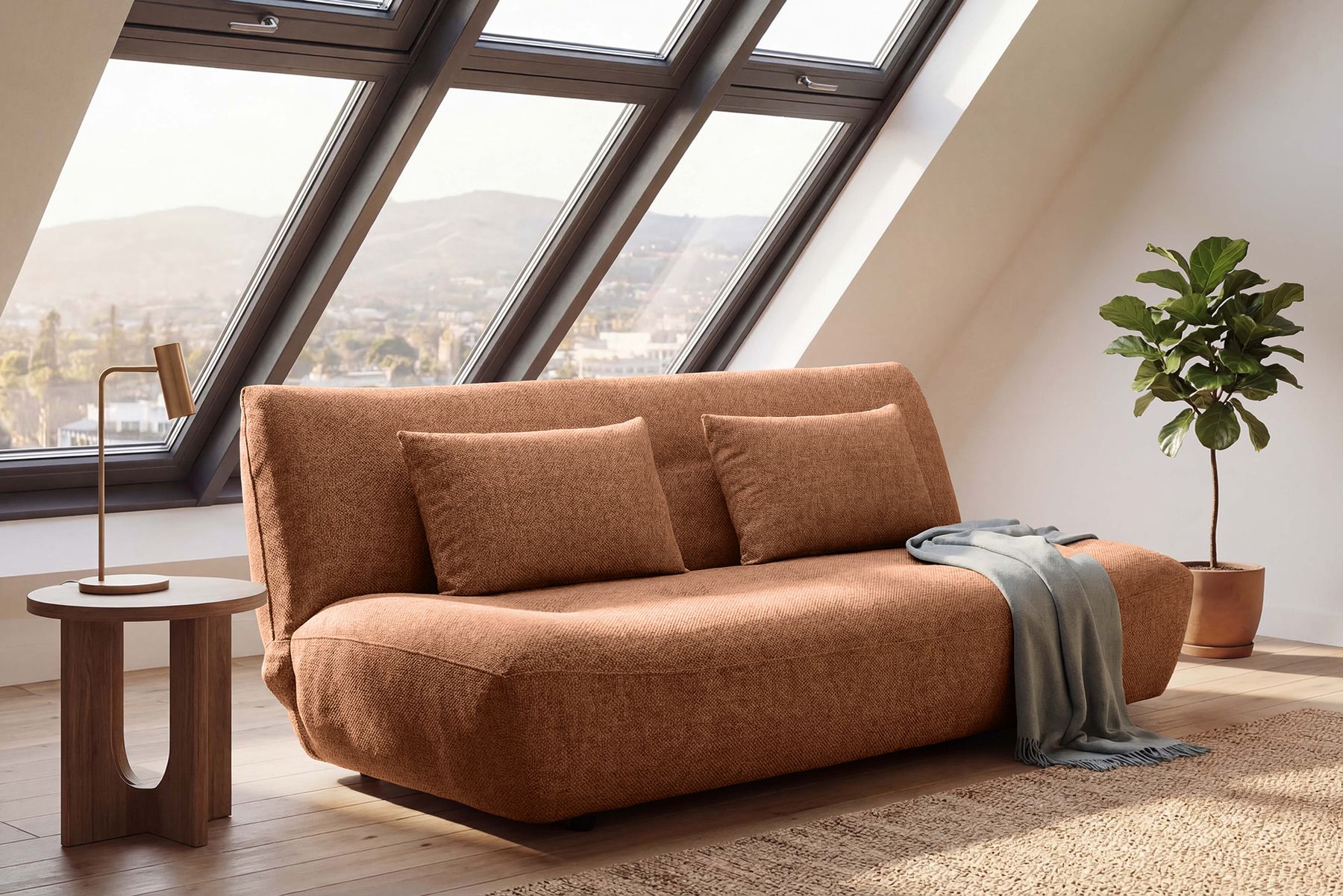 Modernes Schlafsofa ELYPSE 200cm rostbraun Chenillestoff 3-Sitzer Couch inkl. Kissen