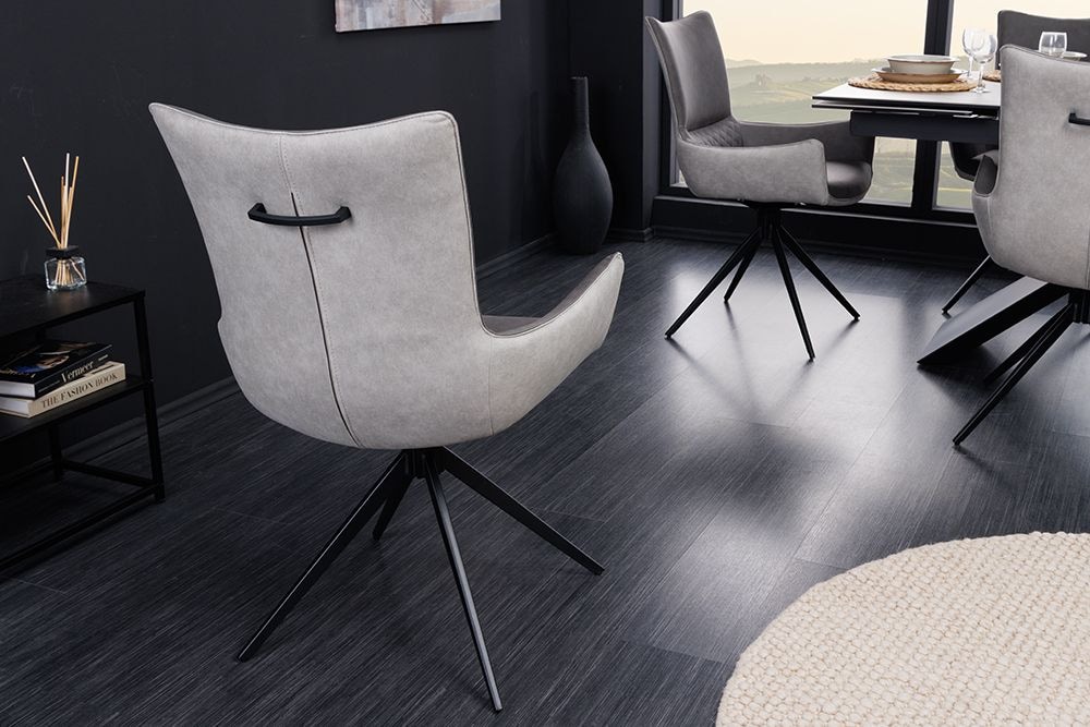 Drehbarer Design Stuhl ALPINE grau hellgrau Armlehnen schwarze Metallbeine