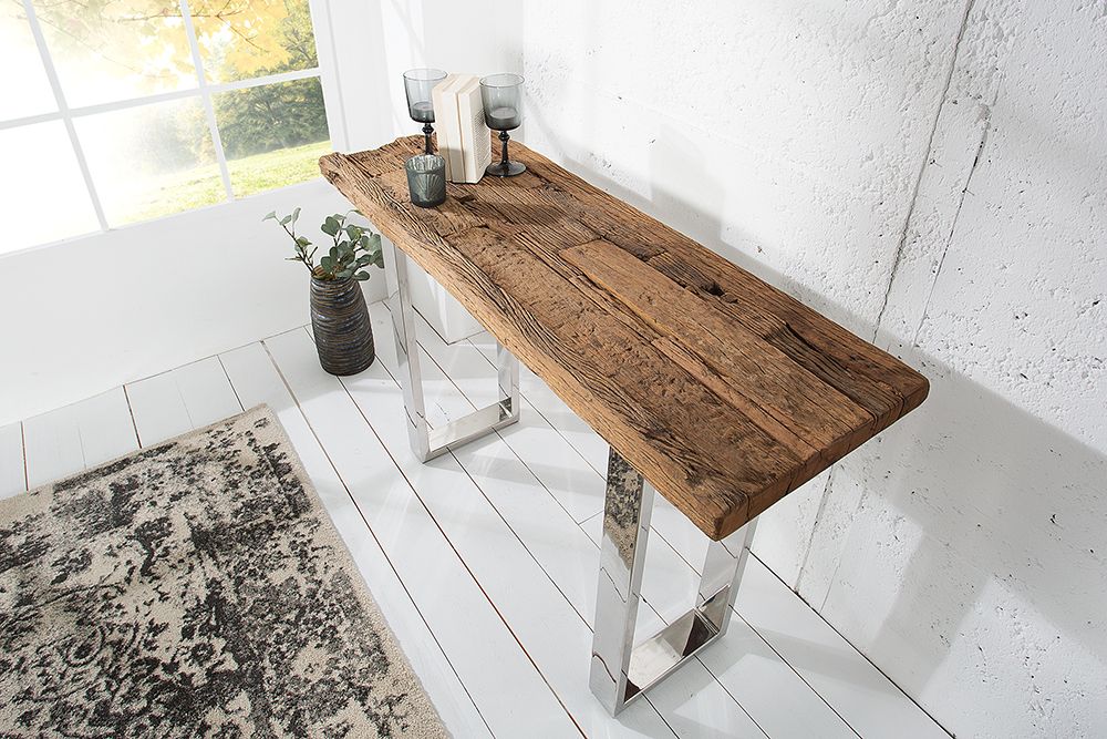 Massive Konsole BARRACUDA 120cm Teak mit Stahl Kufenfüßen inkl. Glasplatte
